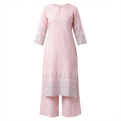 印度进口服饰印巴风粉色中长款棉混纺薄款印花圆领2件套休闲新品