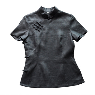 龙妙亚麻全盘扣改良旗袍上衣夏短袖民国女服大襟斜襟中式女装 默