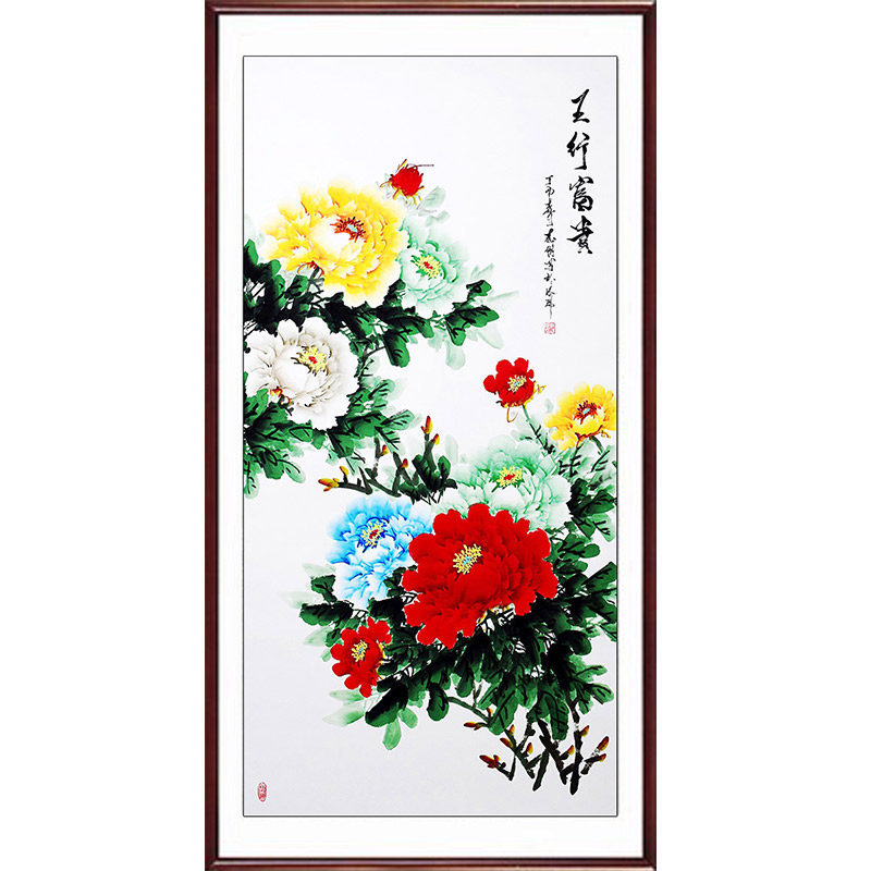 纯手绘卧室牡丹画花鸟画竖幅