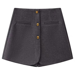 灰色阔腿裤裙2026秋冬季新款毛呢排扣短裙裤半身裙裤a字呢子短裤