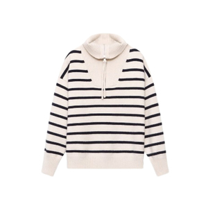 绿袖子冬季加厚保暖条纹半拉链毛衣女设计感海军领宽松显瘦针织衫