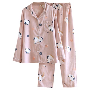 卡通小猫全棉纱布情侣睡衣女春秋夏季男士长袖薄款纯棉家居服套装