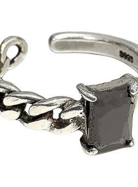 韩代S925纯银黑曜石戒指复古坦克链拼接不对称开口食指环时尚轻奢