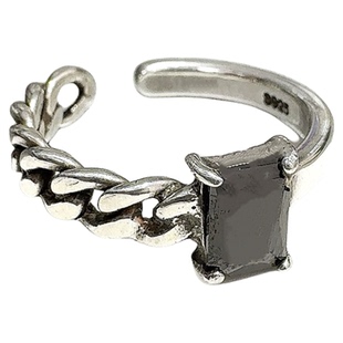 韩代S925纯银黑曜石戒指复古坦克链拼接不对称开口食指环时尚轻奢