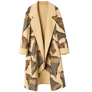 YUESPACE双面羊毛大衣毛呢外套女时尚印花秋冬长款过膝宽松西装领