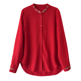 外穿打底都好看 精美重工钉珠人字纹羊毛小立领长袖衬衫法式上衣