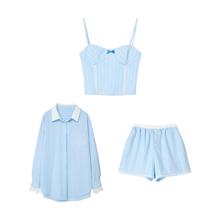 【海浪休止符】Uena蓝色条纹蕾丝边背心吊带长袖衬衫休闲短裤套装