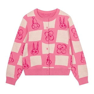 马拉丁童装儿童毛衣秋装新款女童大童格纹图案宽松毛衣开衫