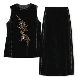 贵妇千金新中式礼服套装女秋冬钉珠刺绣马甲背心金丝绒半身长裙子