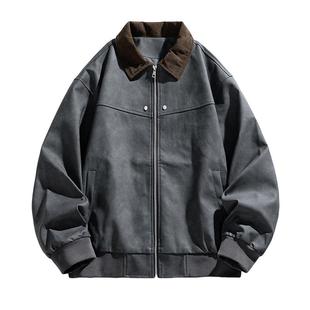 翻领皮衣外套男春秋季潮流教练夹克痞帅气休闲褂子上衣服潮牌风衣