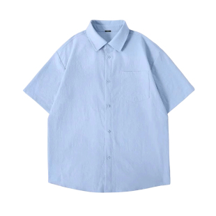MINISO/名创优品牛津纺短袖衬衫男夏季浅蓝色海边度假风翻领外套Y