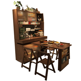 奢屋家具 中古风伸缩餐桌一体餐边柜全实木旋转折叠小户型省空间