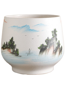 陶瓷花盆手绘水墨山水画落地大号