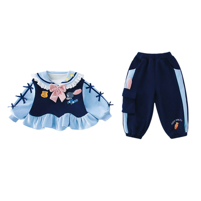 女童加绒卫衣套装洋气兔子警官秋冬装女宝宝一体绒加厚休闲两件套