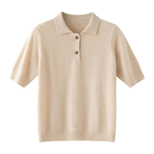 Polo领短袖羊绒衫女百搭羊毛针织半袖T恤宽松五分袖打底衫毛衣薄