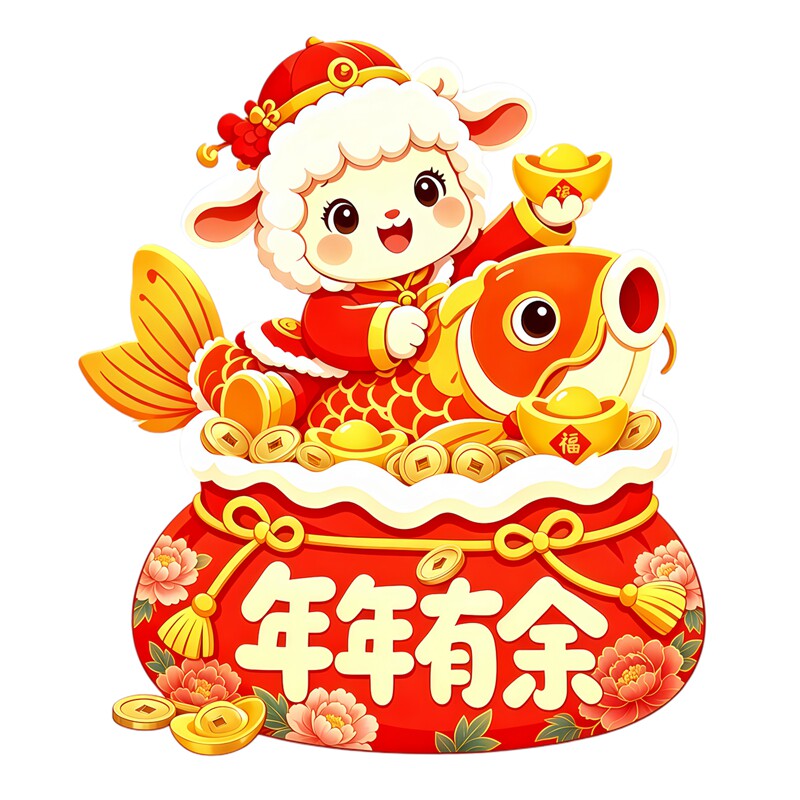 国潮好运小羊墙贴锦鲤福袋贴纸喜庆红底元宝家居电脑百搭防水贴画