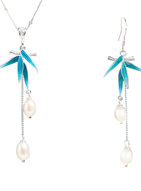 大师独家手作非遗珐琅竹韵吊坠999纯银项链足银耳环银饰礼物套装