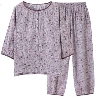 带胸垫纯棉睡衣女士春夏季七分袖九分裤空调服宽松大码家居服套装