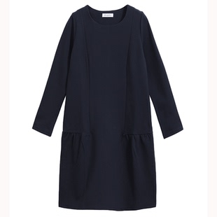 秋季新品大码女装长袖弹力圆领中长款修身时尚荷叶边A字连衣裙
