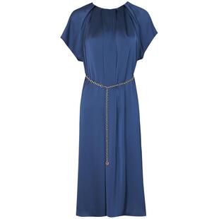 【商场同款】粉蓝衣橱商场同款2025秋装摩登缎面不对称打褶连衣裙