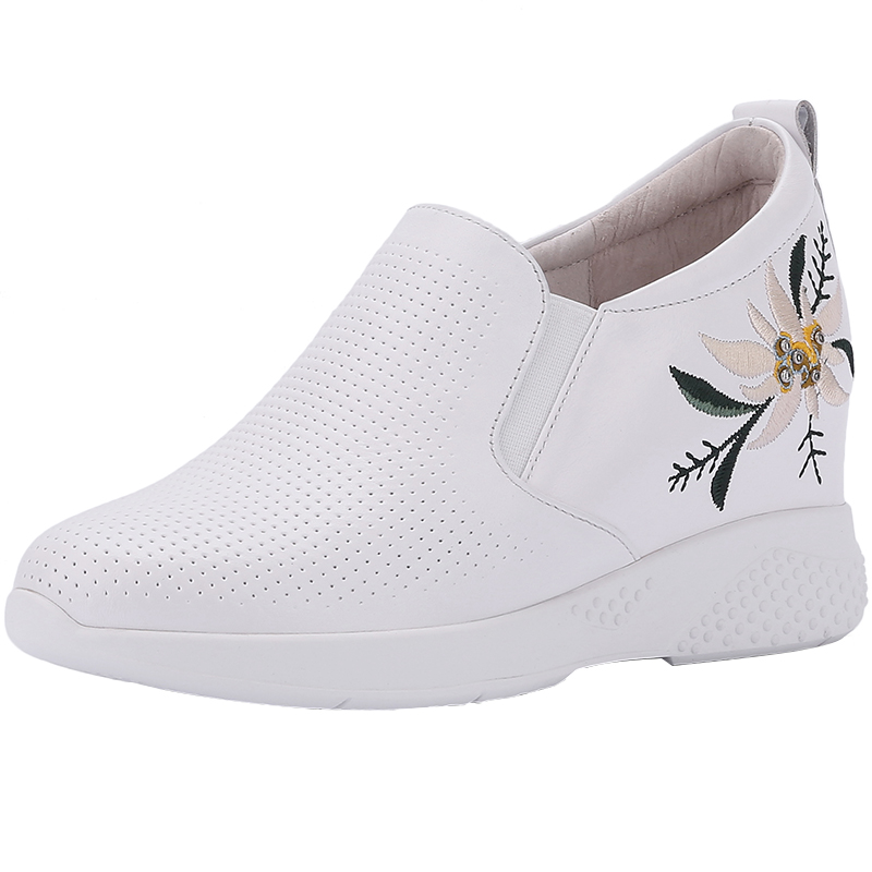 真皮7CM内增高女鞋休闲运动风坡跟单鞋镂空一脚蹬小白鞋女春夏款