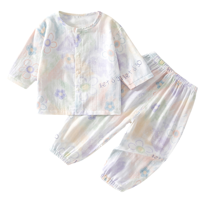 夏季婴儿纱布套装宝宝家居服竹纤维上衣裤子儿童夏季空调服男女童