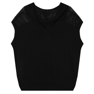 白鹿语极简纯色连帽减龄短袖25夏新款镂空拼接连肩帽衫女针织衫