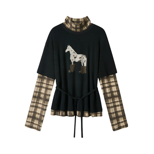 【穿靴子的小马驹】Uena黑色印花烫钻假两件堆堆领绑带长袖T恤女