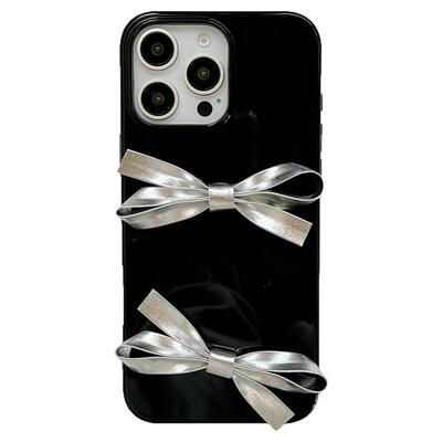 冷淡风银色蝴蝶结适用iphone16promax手机壳苹果13日韩新款15promax女神气质14小众高级感12防摔全包套带链条