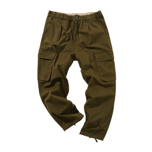 核爆炸复古百搭直筒休闲长裤加肥加大码中腰收口多口袋军绿工装裤