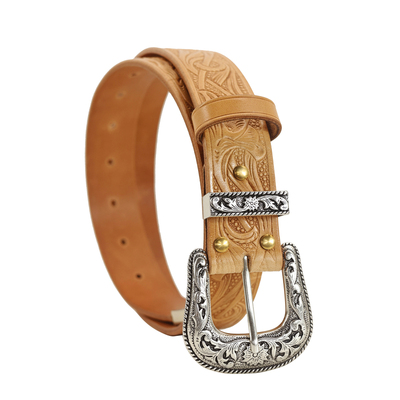 男女西部真牛皮镀银复古手工皮带