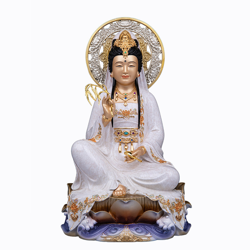 铜雕彩绘自在观音佛像供奉摆件