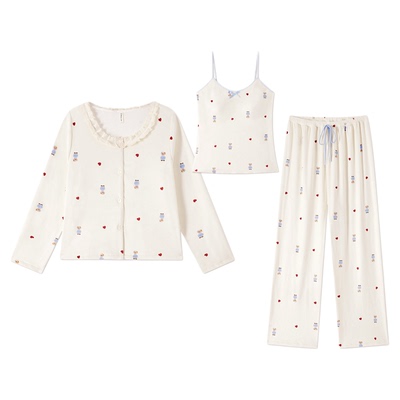 BE带胸垫海岛绒睡衣三件套女冬