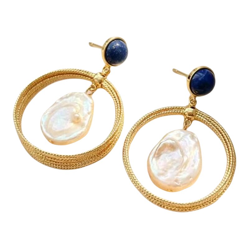巴洛克珍珠青金石金圈显脸小耳环