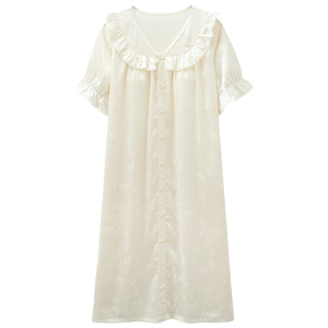 思莉太太冰丝睡裙夏季女款短袖带胸垫法式白色纯欲风蕾丝夏天睡衣