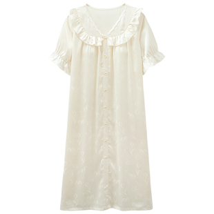 思莉太太冰丝睡裙夏季女款短袖带胸垫法式白色纯欲风蕾丝夏天睡衣