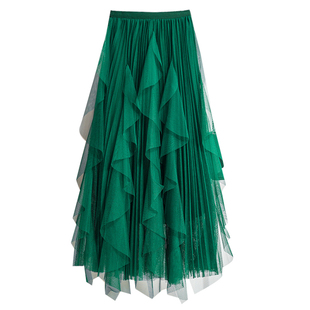 秋冬季不规则荷叶边纱裙蛋糕半身裙女2025新款小个子网纱裙子长裙