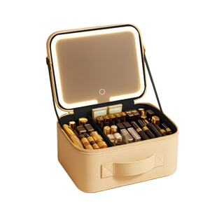 女大容量分区收纳包便携化妆箱手提多功能化妆包带镜子灯带化妆盒