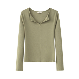 日本美雅碧长绒棉半开领V领T恤修身显瘦上衣女2025新款春夏季长袖