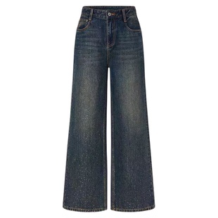 正品2025冬新品怀旧靛蓝棉质渐变烫钻中高腰直筒牛仔裤MBE4JEN015