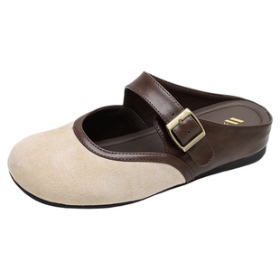 法式复古拼色内增高勃肯鞋女外穿平底一脚蹬懒人鞋包头半拖凉鞋女