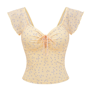 Go Girl Go 自制欧美风碎花网纱短袖T恤女系带V领辣妹上衣