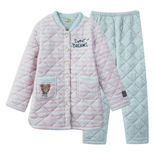 芬腾冬天三层加厚珊瑚绒夹棉睡衣女士套装棒球领法兰绒加棉家居服