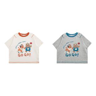 幼悠 男童2026夏季新款卡通小熊短袖T恤时尚宽松休闲儿童凉爽上衣