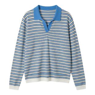 BW松弛感穿搭慵懒感静奢都市撞色polo翻领条纹宽松薄款针织衫女