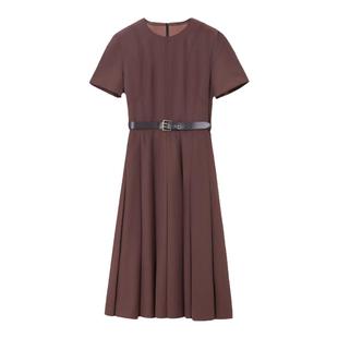 OVV秋冬新款女装优雅百褶下摆随附撞色腰带短袖连衣裙