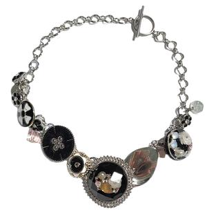 花筏NOTJUSTHIM《落日珊瑚》黑色镶嵌花粉水晶项链 钛钢链条