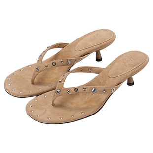 【设计师女装】ODTD26春夏新款钉珠装饰夹脚小猫跟凉鞋女流浪嬉皮