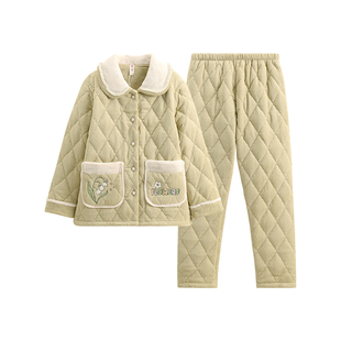 芬腾珊瑚绒夹棉睡衣女新款加厚加绒保暖棉袄套装法兰绒女款家居服