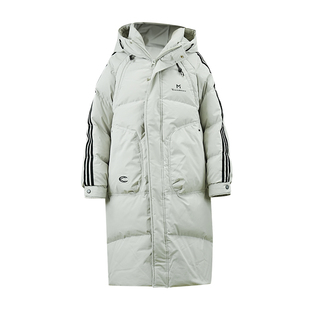 轻运动风连帽中长款羽绒服女冬季宽松百搭三条杠防风保暖外套2025